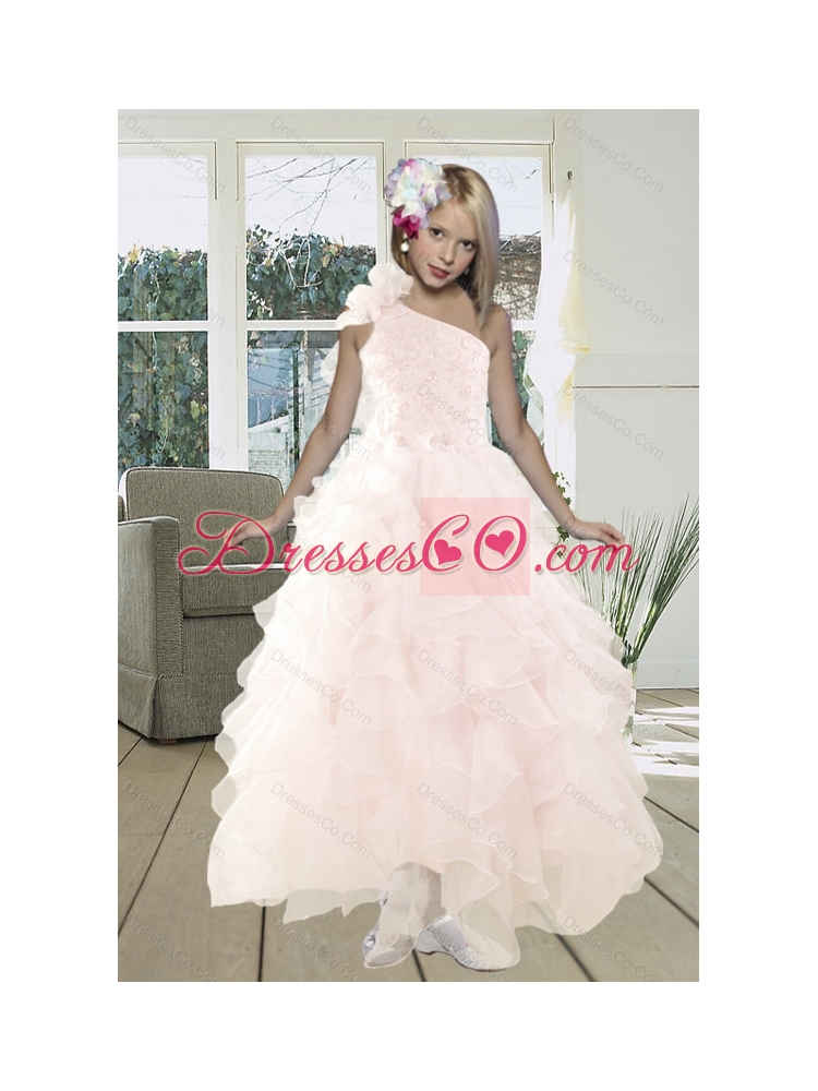 Gorgeous A Line One Shoulder Baby Pink Prom Dress with Beading and Ruffles
