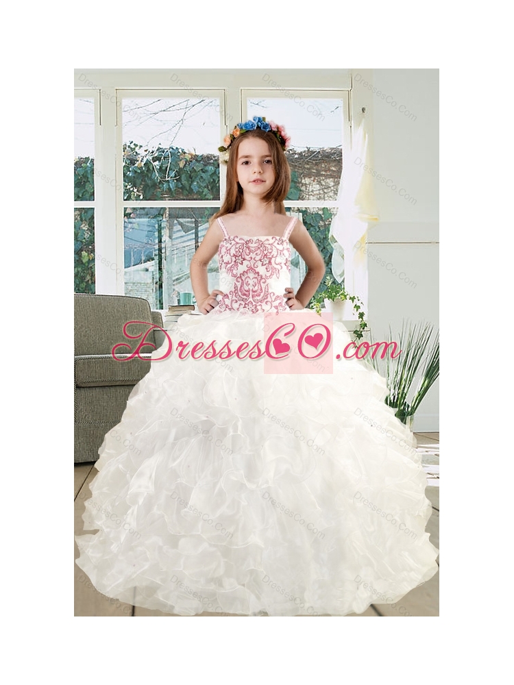 Spaghetti Straps Embroidery Ruffles White Organza Little Girl Pageant Dress