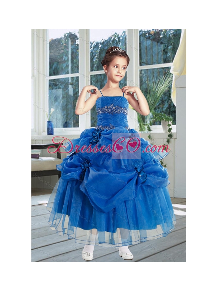 Ball Gown  Royal Blue Little Girl Pageant Dress with Ruffles and Hand Made Flowers
