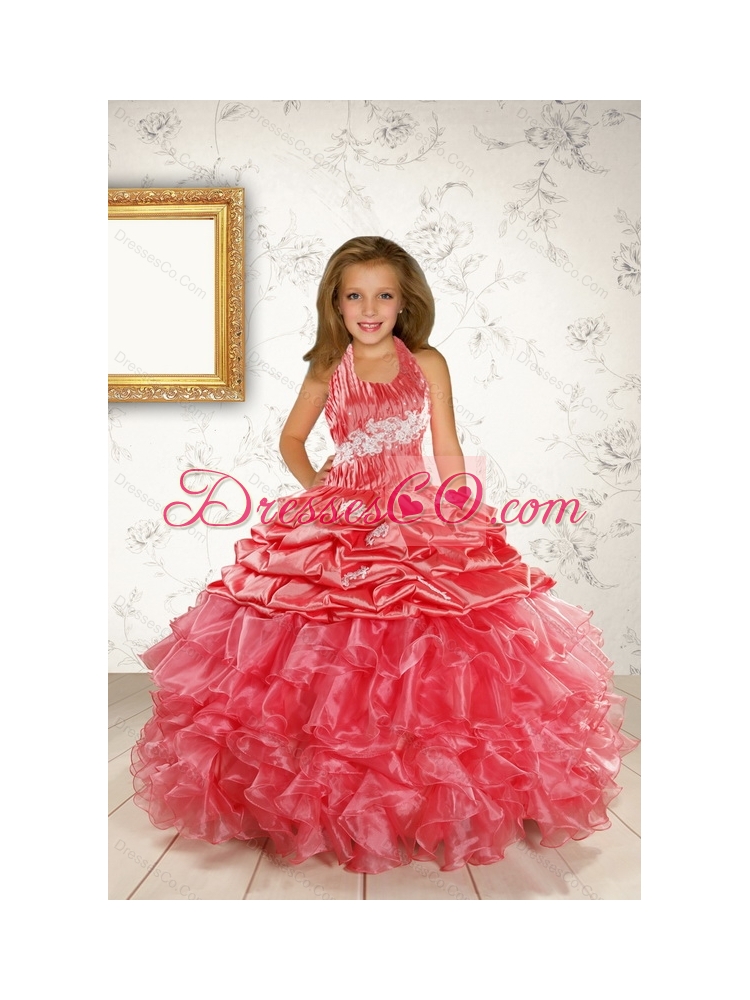 Exquisite Appliques and Ruffles Coral Red Flower Girl Dress for  Spring