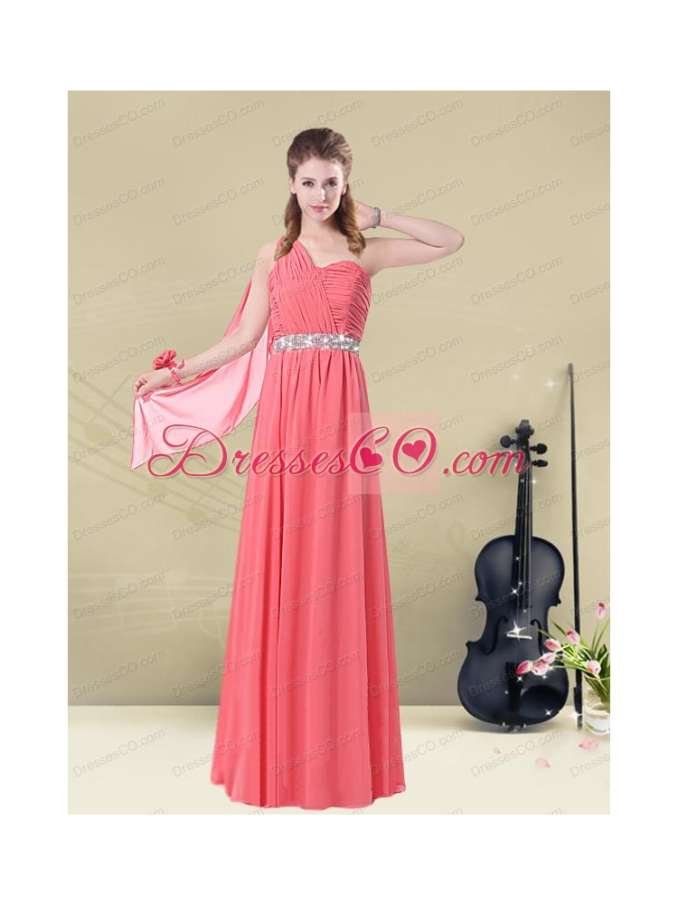 Exquisite Watermelon Bridesmaid Dress with Ruch and Beading