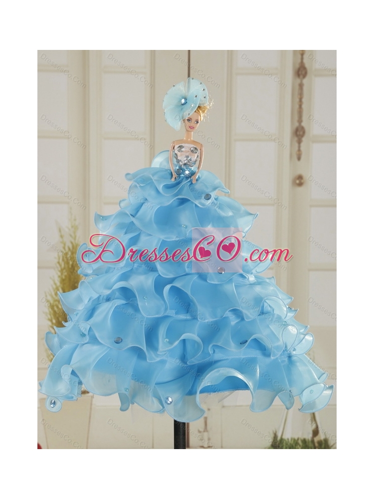 Fashionable Beading and Ruffles Little Girl Dress in Aqua Blue Color