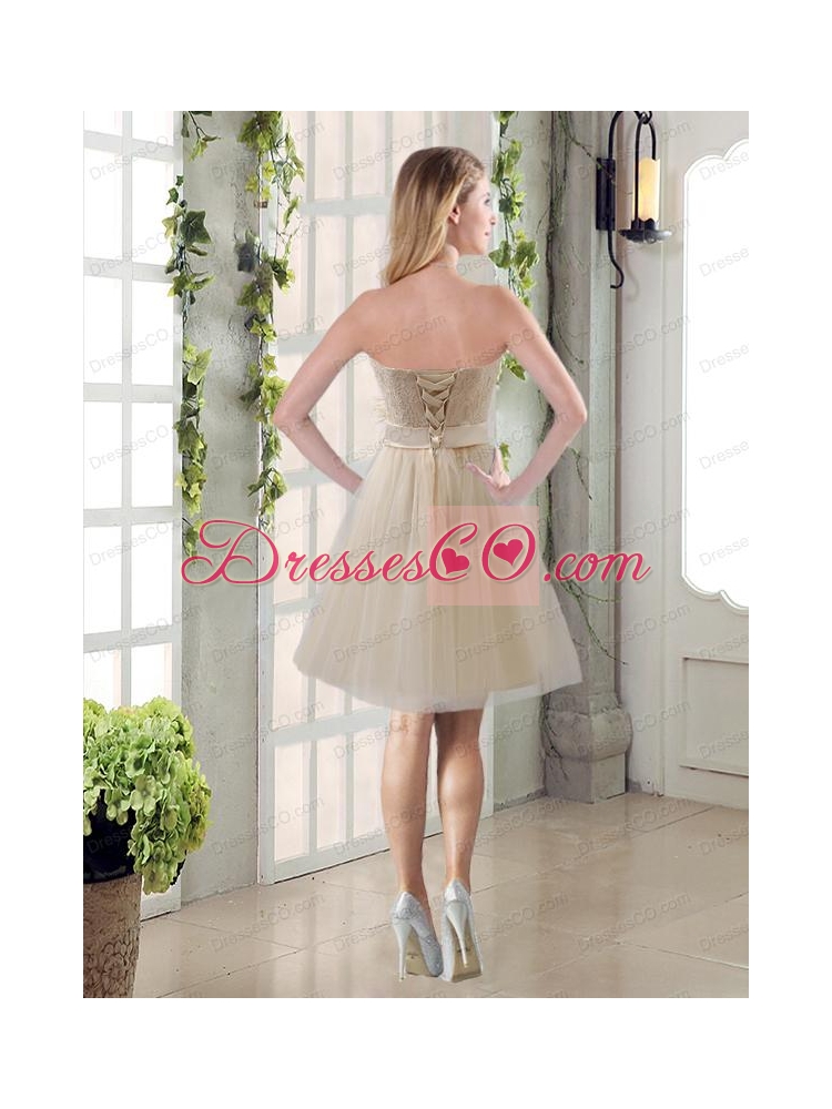 Handmade Flower Strapless Lace Bridesmaid Dress with Mini Length