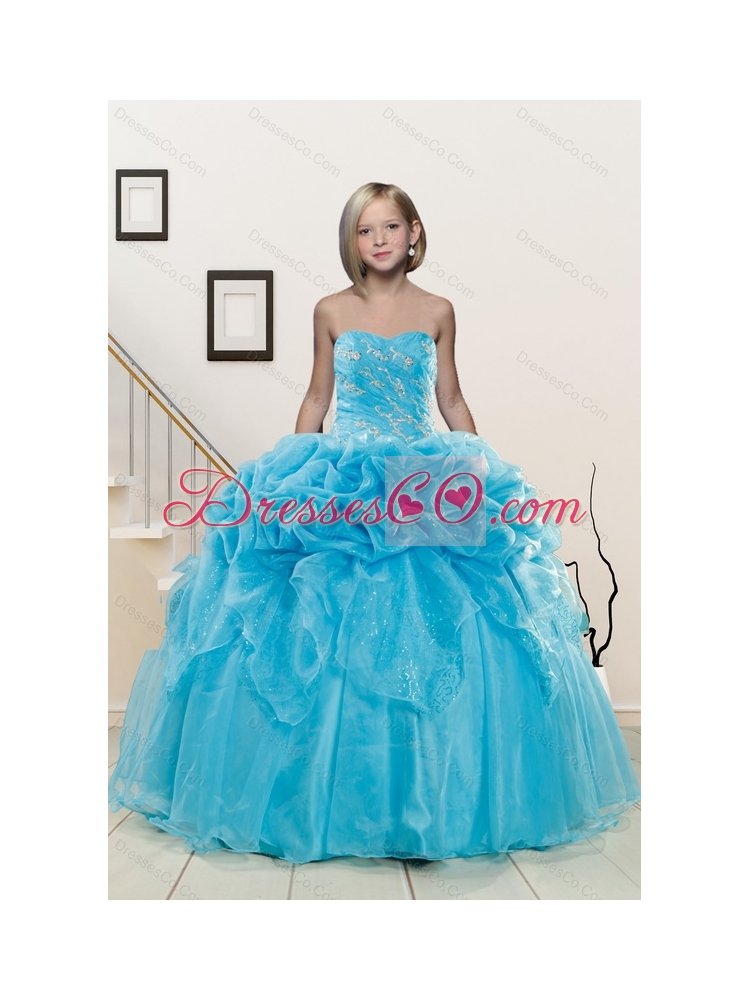 Popular Aqua Blue Little Girl Pageant Dress with Appliques and Pick Ups for