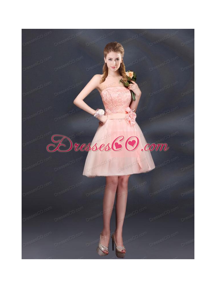 Strapless A Line Hand Made Flowers Bridesmaid Dress for