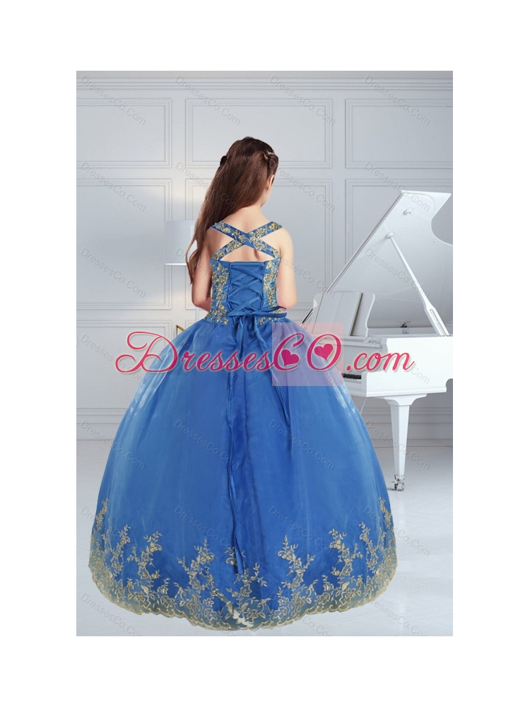 The Most Popular Straps Appliques  Royal Blue Little Girl Pageant Dress