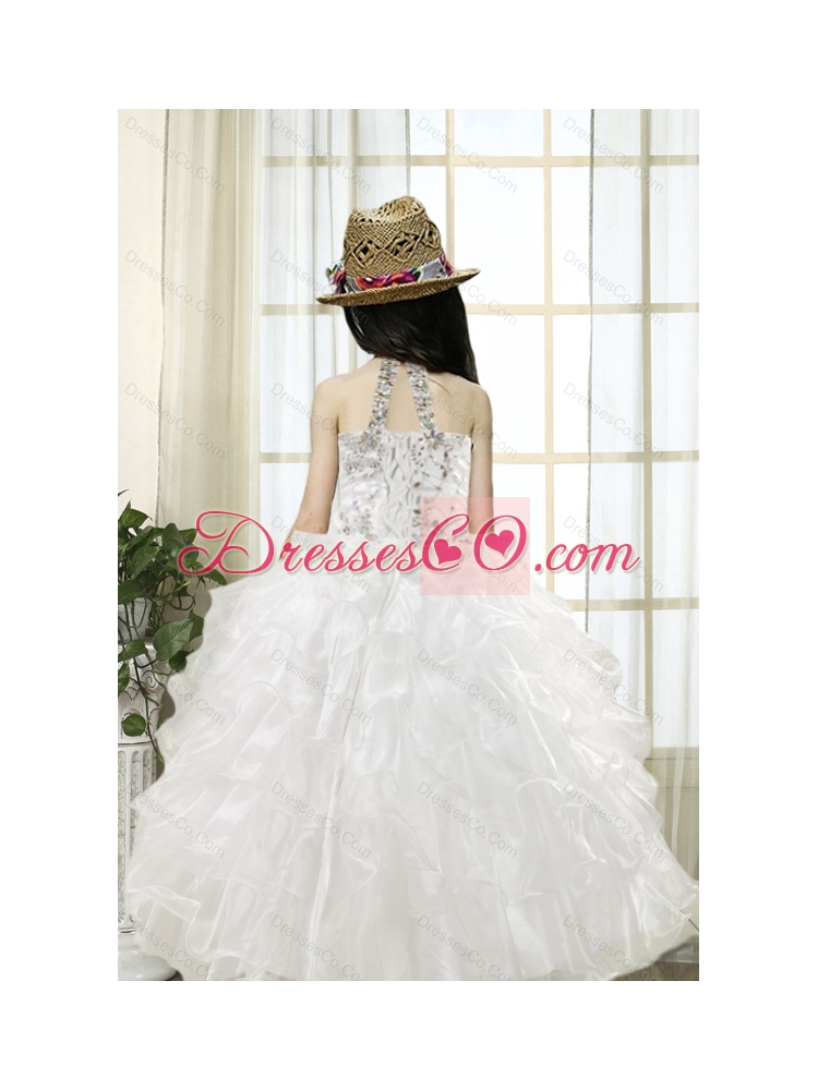 White Ball Gown Halter  Little Girl Pageant Dress with Beading and Ruffles
