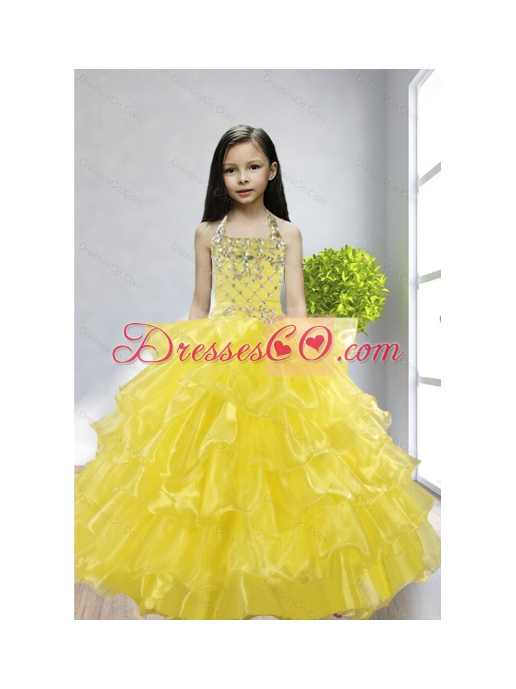 Yellow Ball Gown Halter Beading and Ruffles Little Girl Pageant Dress for