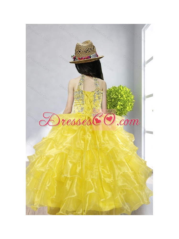 Yellow Ball Gown Halter Beading and Ruffles Little Girl Pageant Dress for