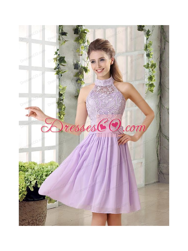 High Neck Lilac A Line Lace Bridesmaid Dress Chiffon for