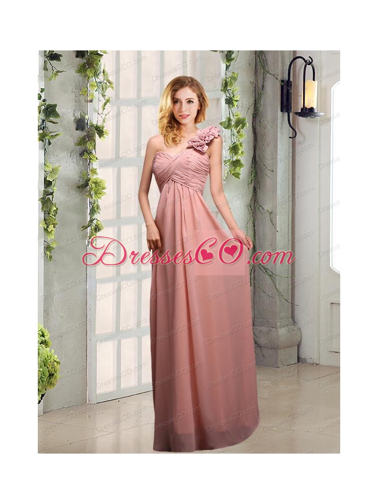Empire Ruching One Shoulder Bridesmaid Dress with Hand Made Flowers