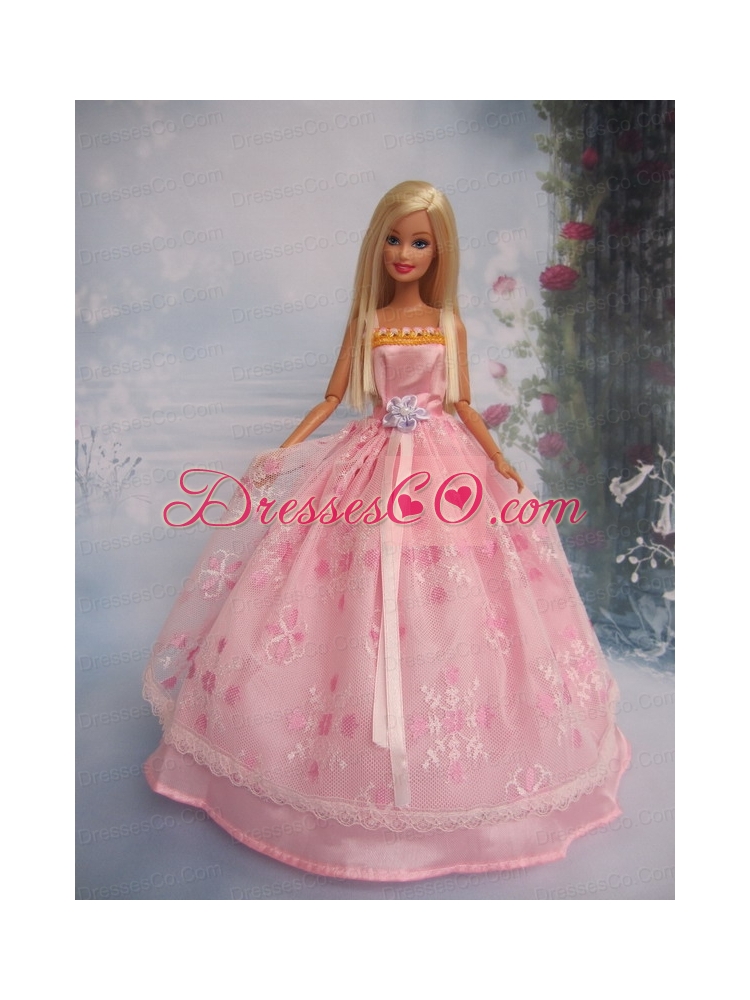 Hand Made Flower Lace Pink Ball Gown Quinceanera Doll Dress