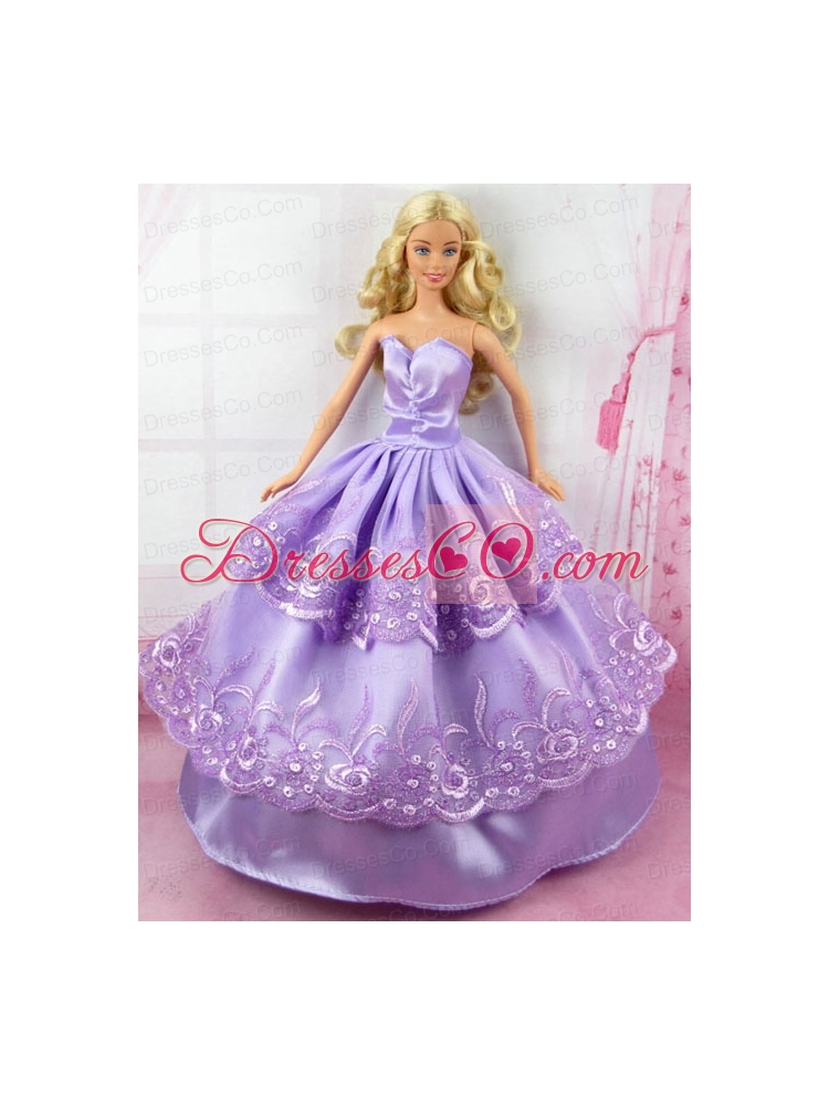 Beautiful Lilac Gown With Embroidery Made To Fit The Quinceanera Doll