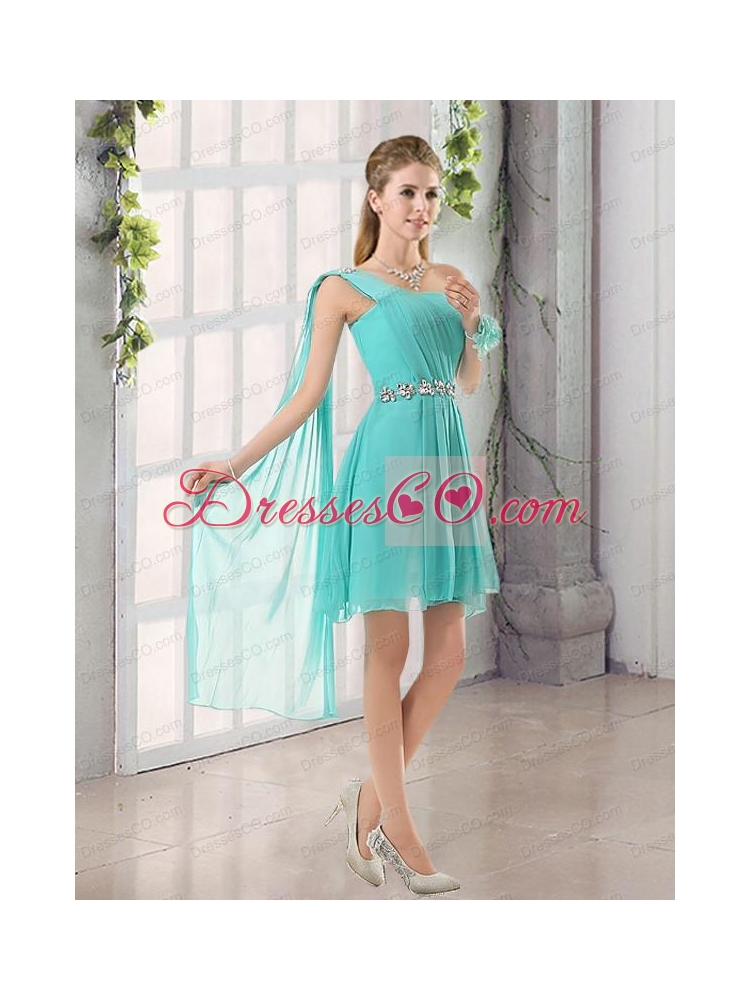 A Line Ruching Lace Up Bridesmaid Dress in Aqua Blue Color