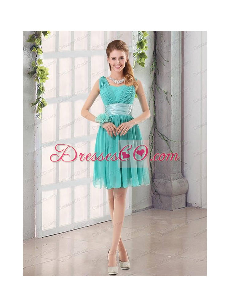 A Line Ruching Lace Up Bridesmaid Dress in Aqua Blue Color