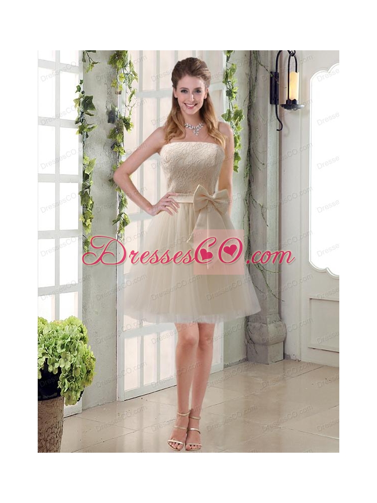 Popular Champagne Strapless Princess Bowknot Bridesmaid Dress