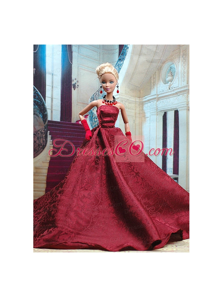 Beautiful Burgundy Satin Party Dress For Quinceanera Doll