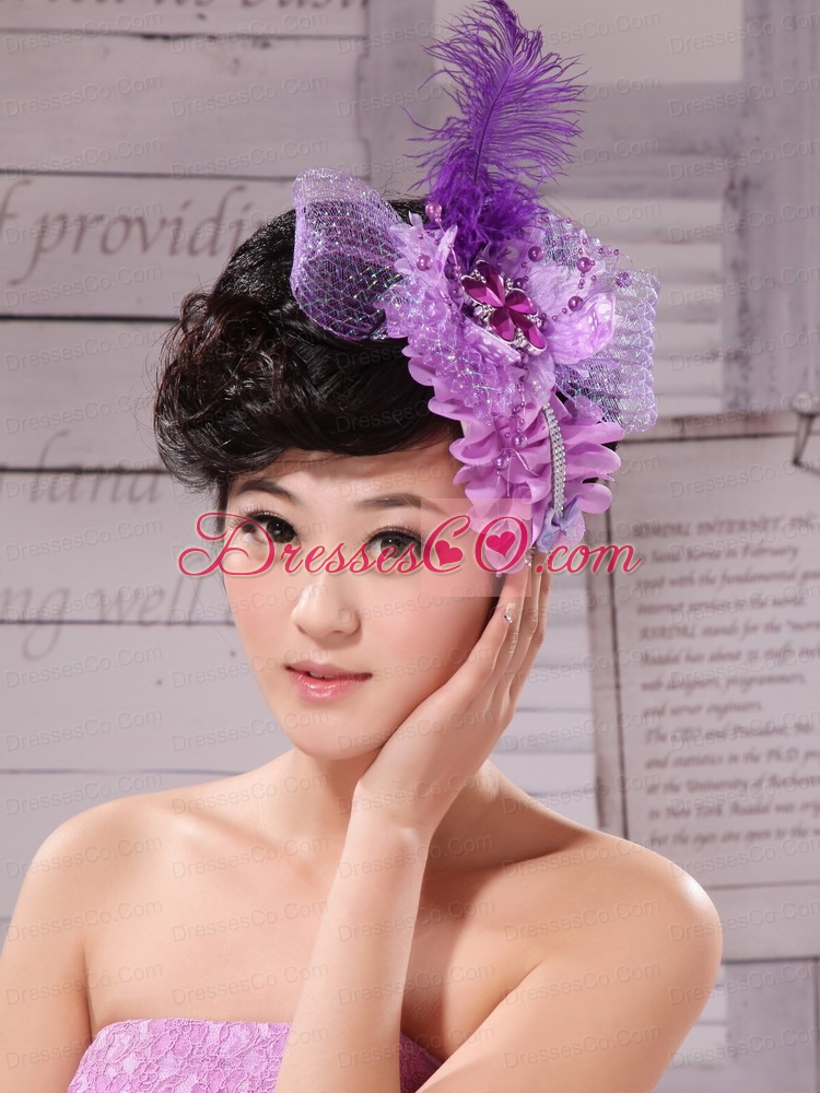 Feather Ribbon Pearl Lavender Bridal Headpiece