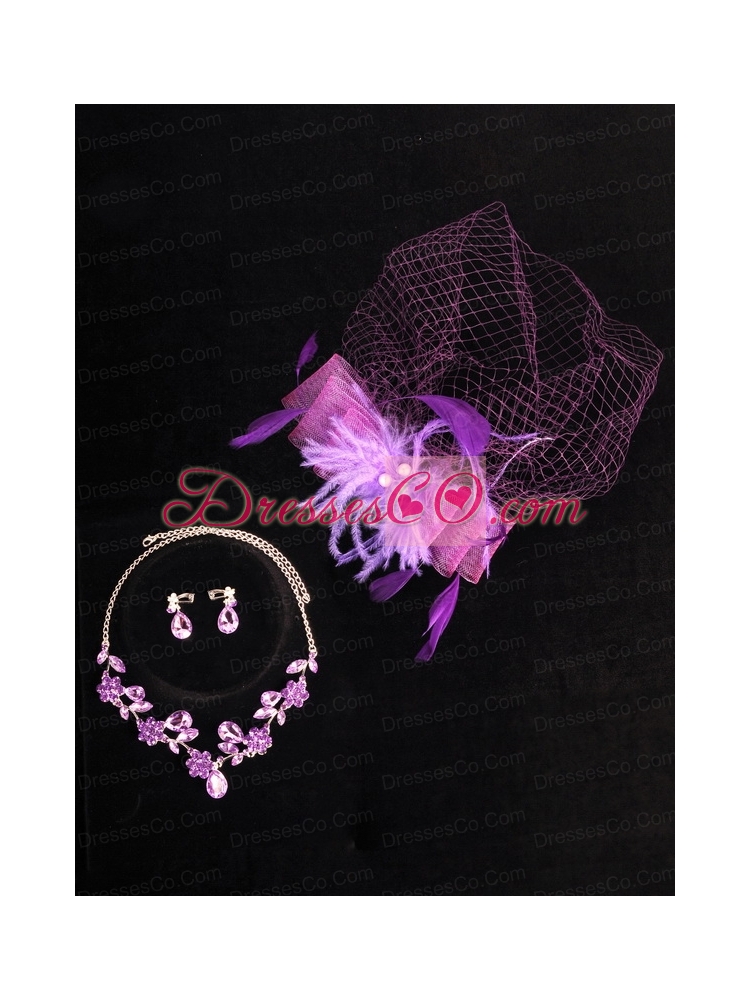 Graceful Purple Rhinestone Necklace And Earrings Wedding Jewelry Set