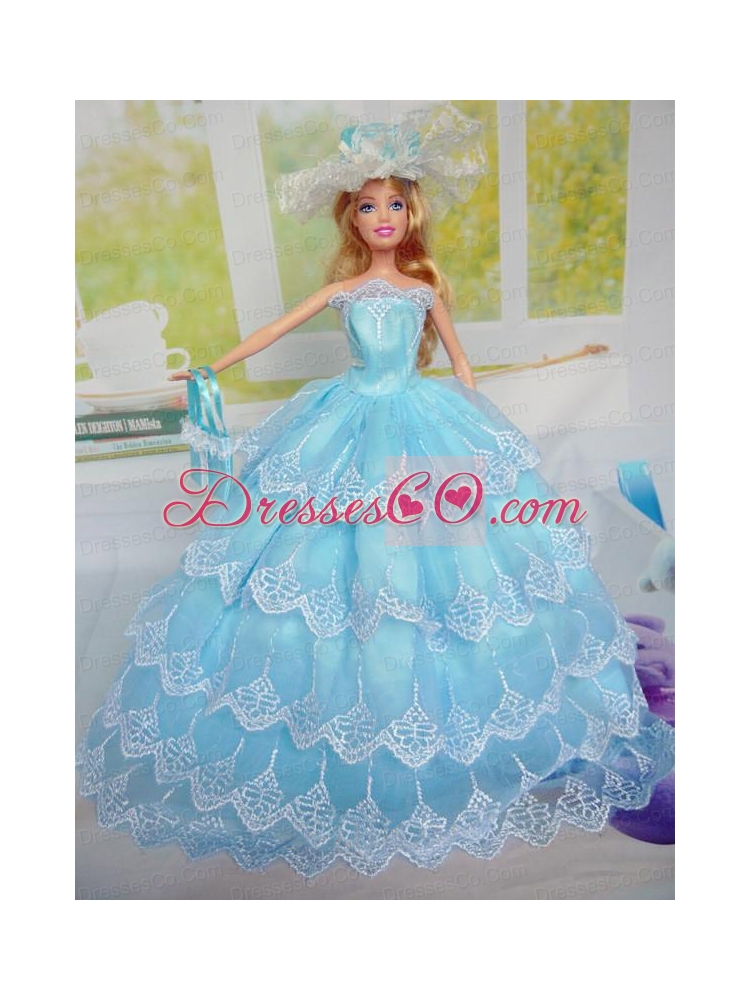 Luxurious Baby Blue Party Clothes For Quinceanera Doll Tulle