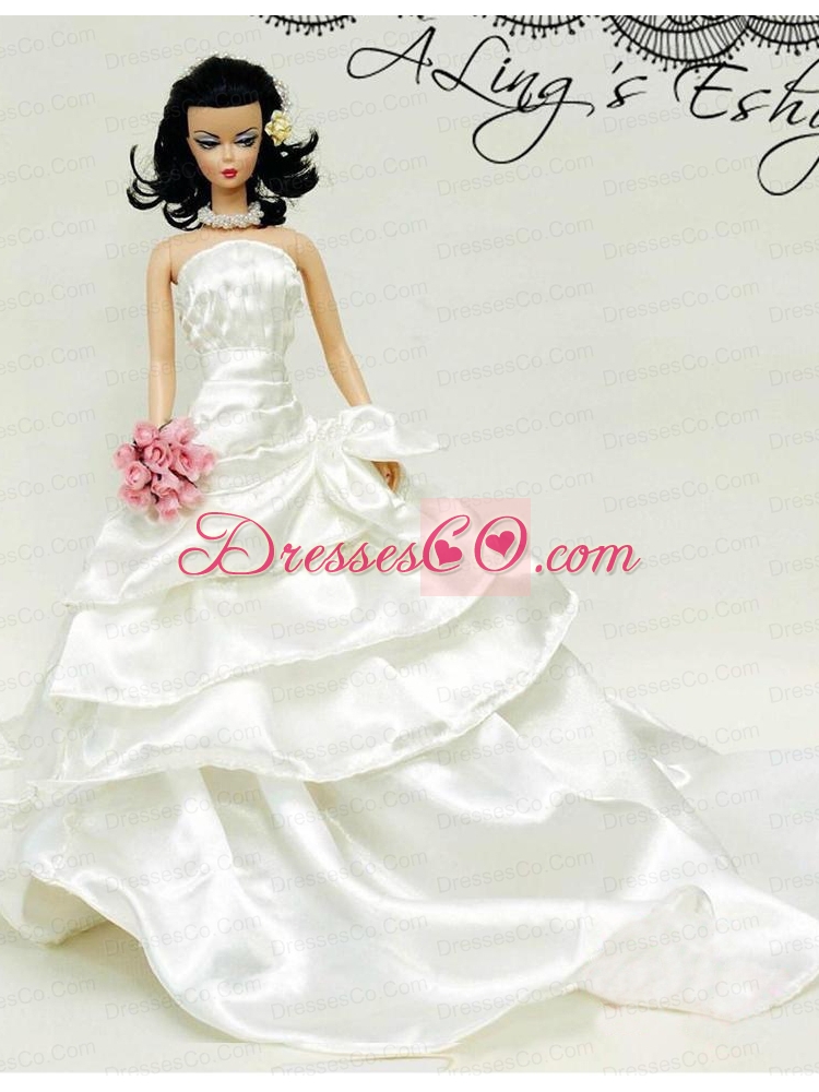Elegant Wedding Dress For Quinceanera Doll With Ruffled Layers And Brush Train