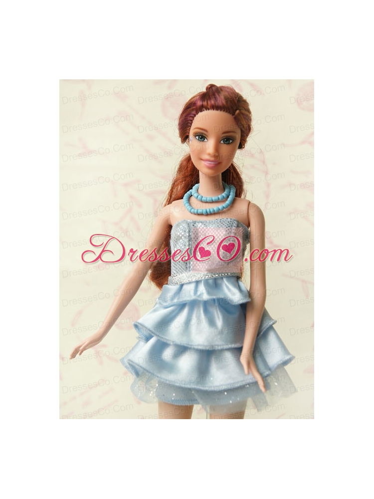 Light Blue Short Party Dress For Quinceanera Doll With Sequin And Ruffles