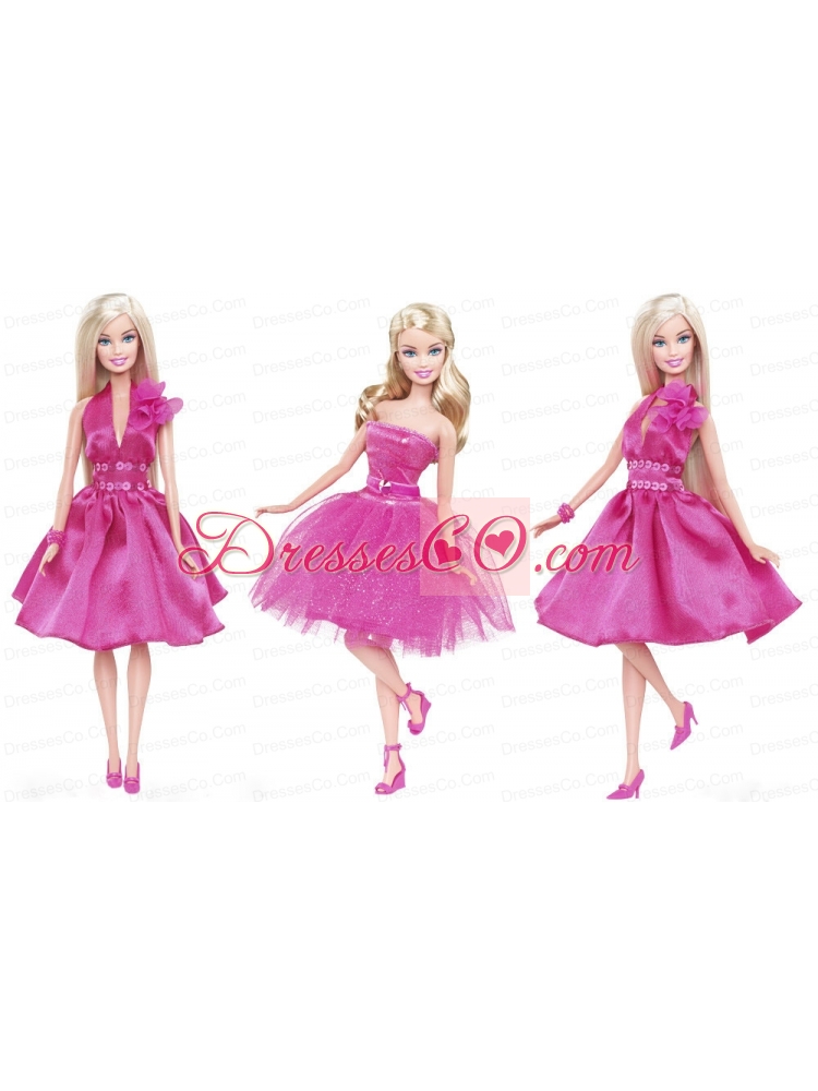 Lovely Princess Beading Sequin Hot Pink Gown For Quinceanera Doll
