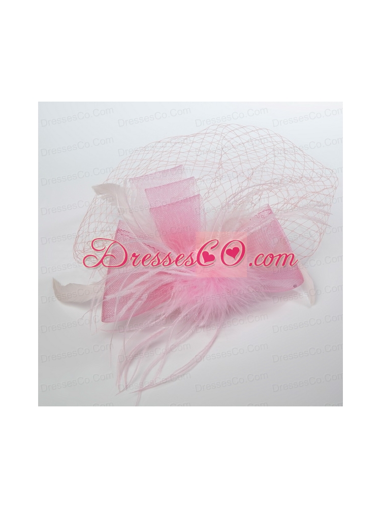 Pretty Pink Feather Tulle Net Yarn Briadl Hat