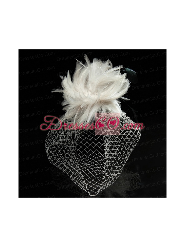 White Feather Elegant Net Yarn Briadl Hat with Imitation Pearls