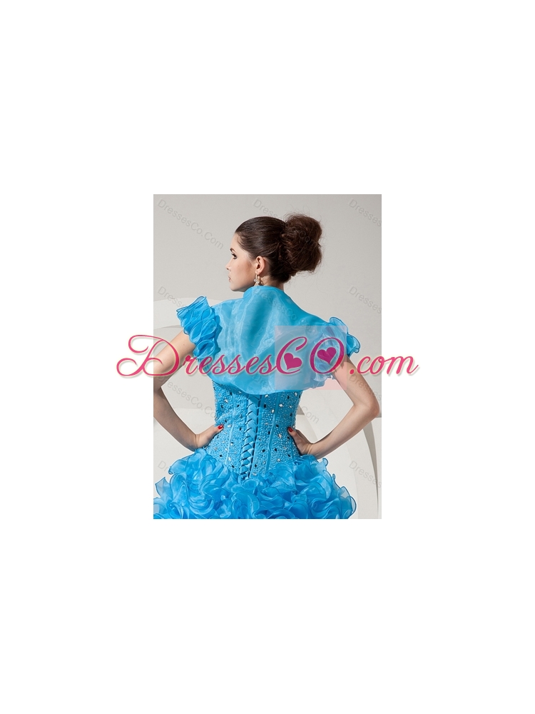 Modest Open Front and Ruffles Quinceanera Jacket in Baby Blue For 2014