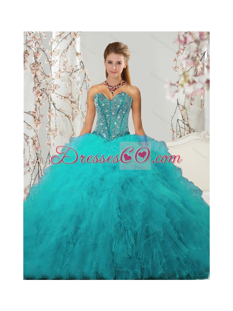 Beading and Ruffles Sweet 15 Dress in Turquoise