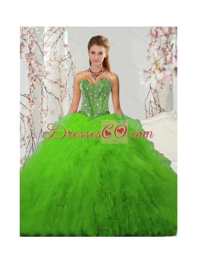 Classic Beading and Ruffles Spring Green Sweet 15 Dresses
