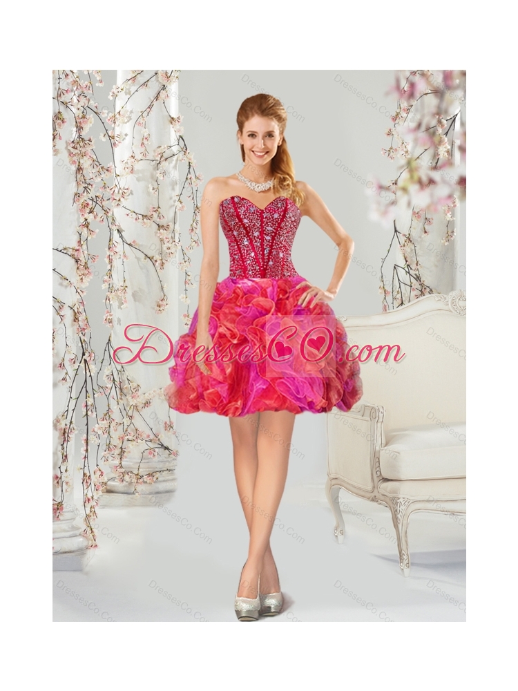 Detachable and Beading and Ruffles Multi Color Quince Dresses