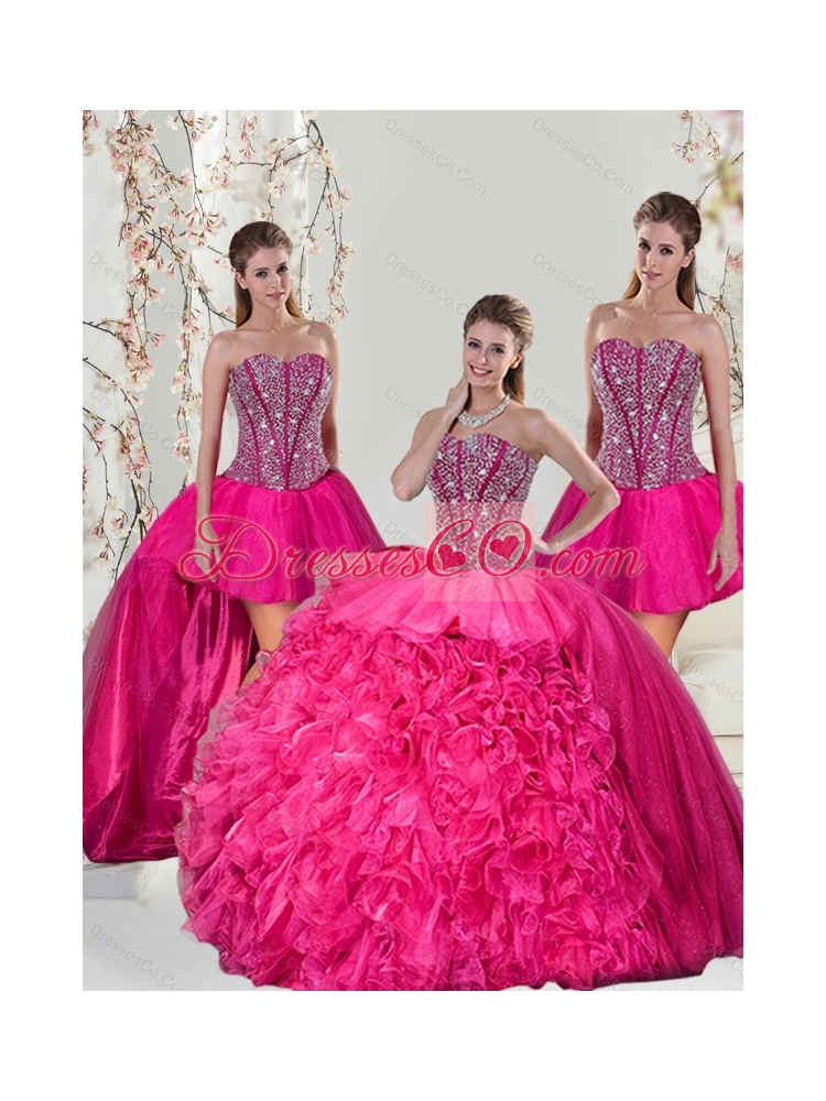 Detachable and Hot Pink Sweet 15 Dress with Beading and Ruffles