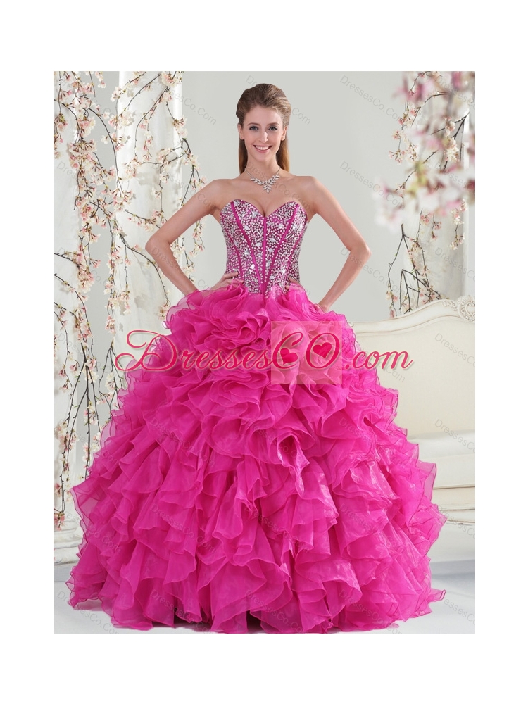 Detachable and Hot Pink Sweet 15 Dress with Beading and Ruffles