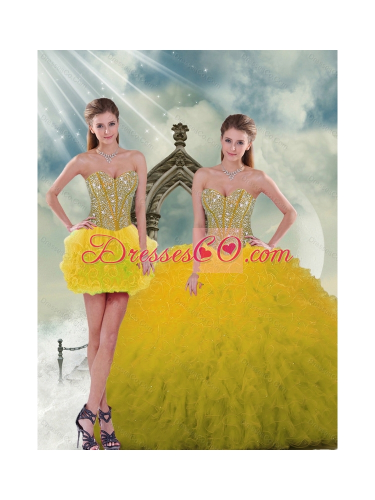 Detachable and Classic Spring Yellow Sweet 15 Dress with Beading and Ruffles