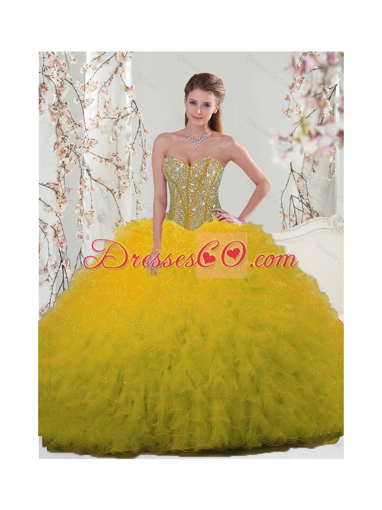 Detachable and Classic Spring Yellow Sweet 15 Dress with Beading and Ruffles