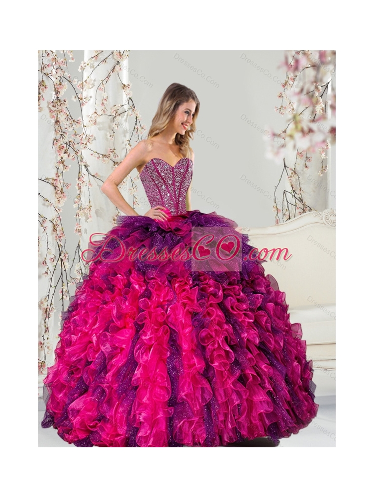 Detachable Multi Color Quince Dress with Beading and Ruffles