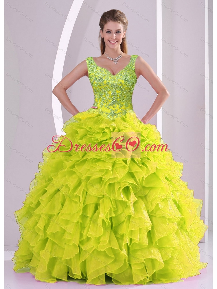 Classic Beading and Ruffles Yellow Green Quince Dress