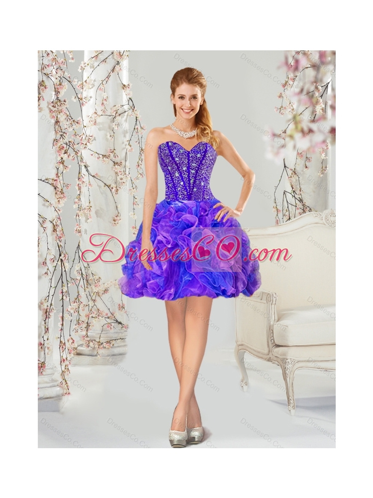 Detachable and Classic Beading and Ruffles Quince Dress in Purple and Blue for