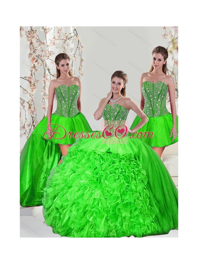 Detachable and Elegant Beading and Ruffles Quince Dress in Spring Green for