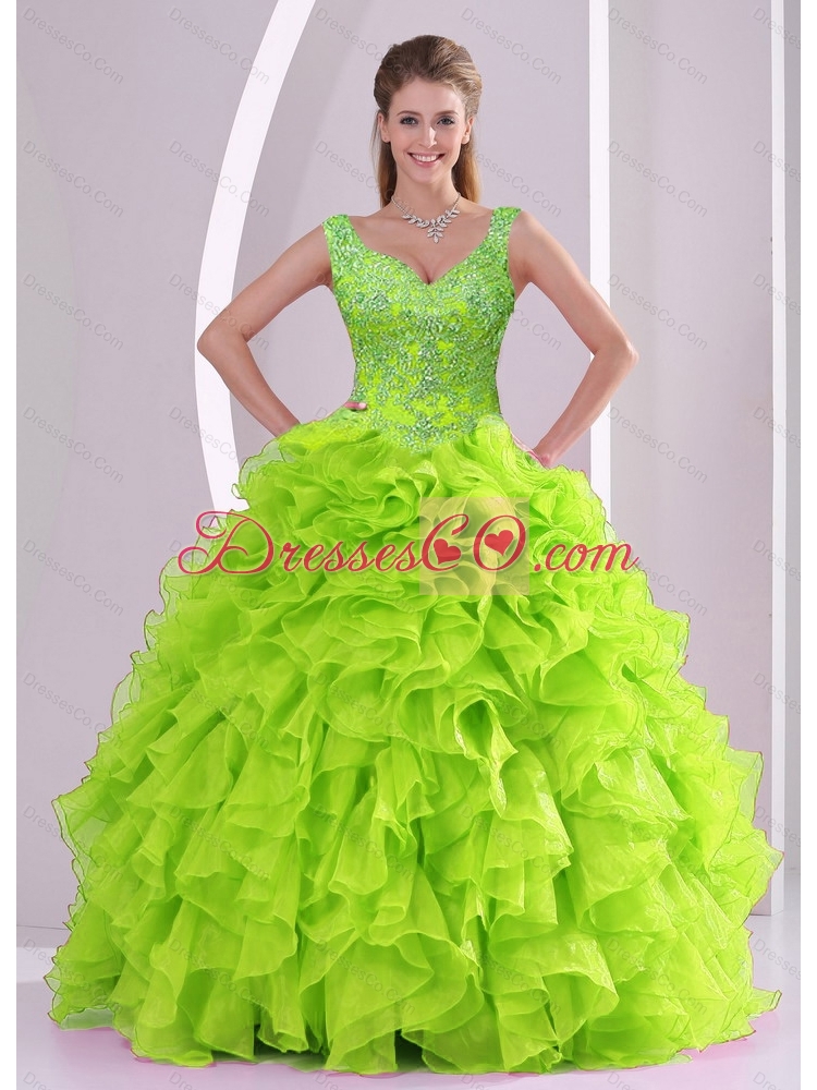 Elegant Beading and Ruffles Quince Dress in Green