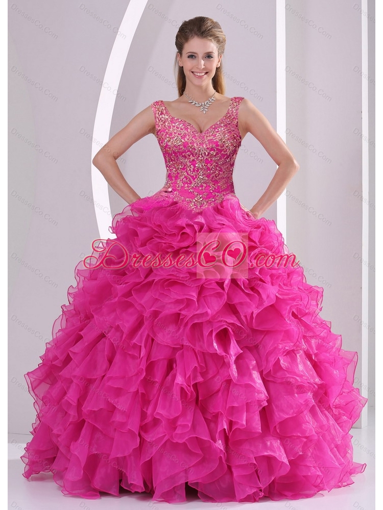 New Style Hot Pink Quince Dress with Beading and Ruffles for