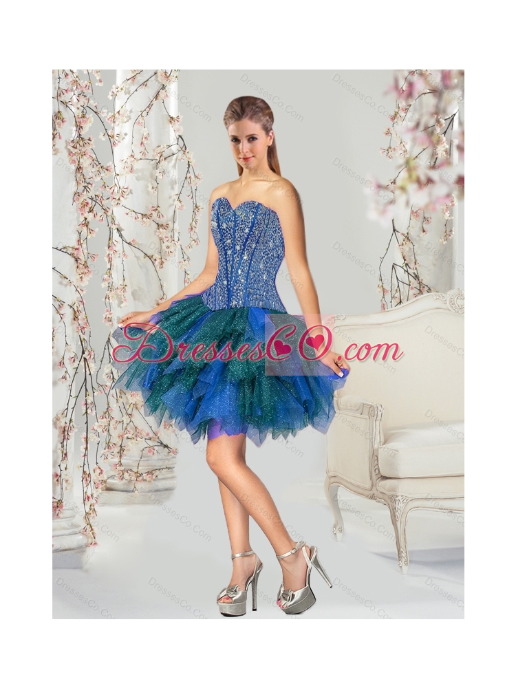 Detachable and Latest Beading and Ruffles Quince Dress in Royal Blue and Teal