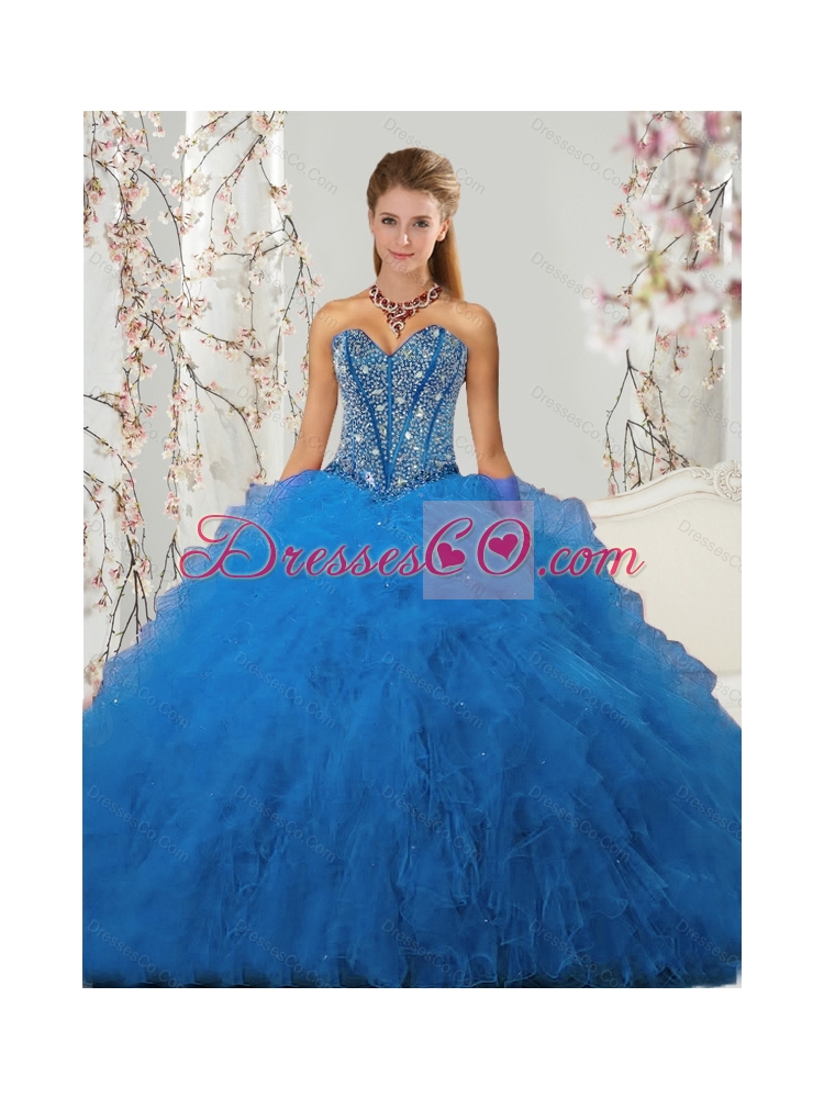 Detachable and Pretty Beading and Ruffles Aqua Blue Quince Dresses