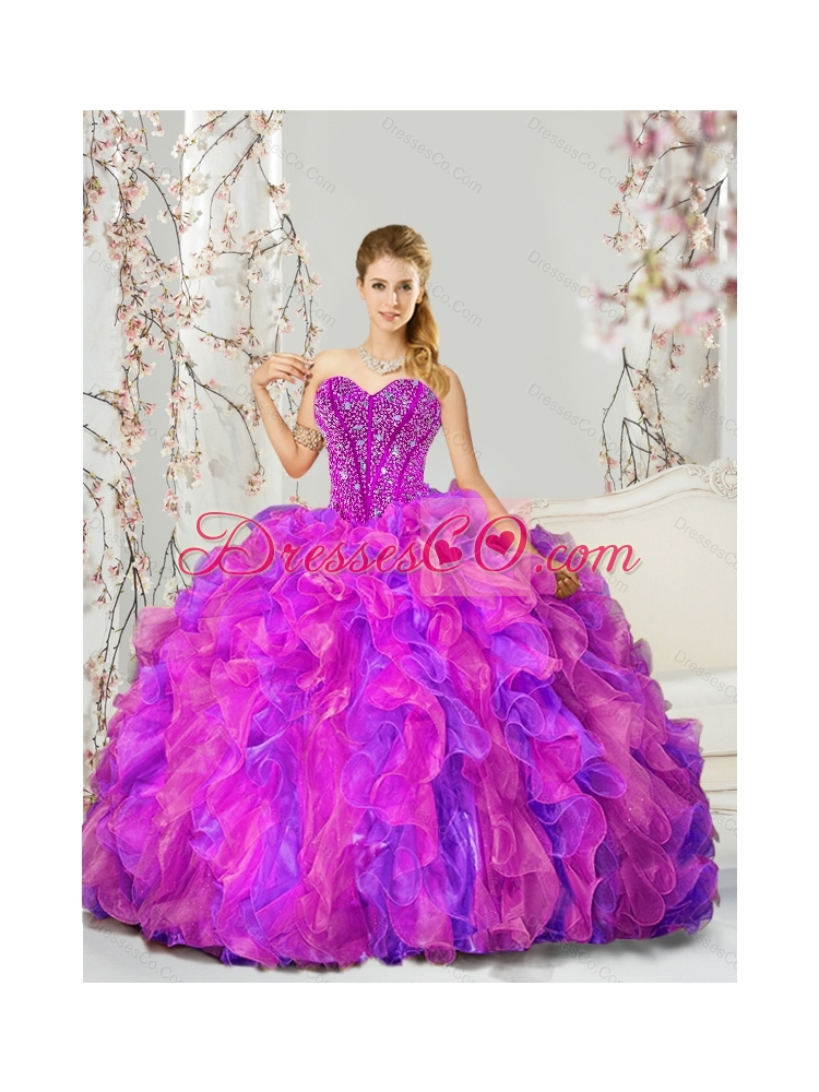 Detachable and Pretty Fuchsia and Lavender Quince Dress with Beading and Ruffles