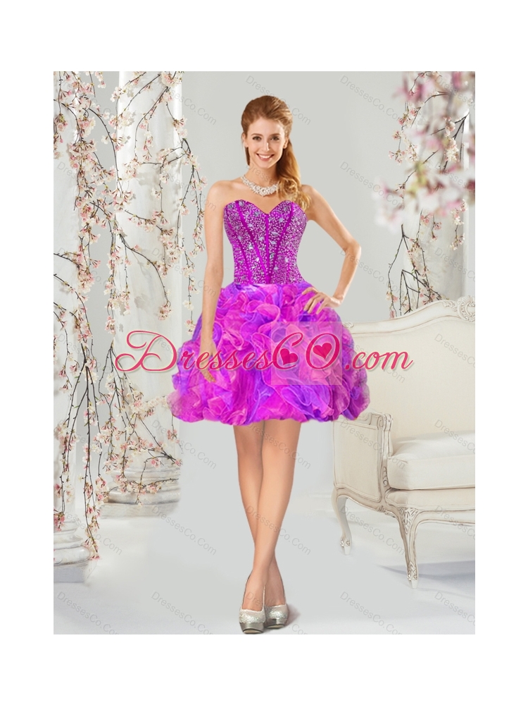 Detachable and Pretty Fuchsia and Lavender Quince Dress with Beading and Ruffles