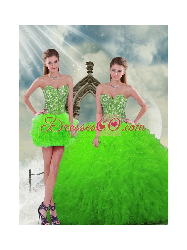 Detachable and Latest Beading and Ruffles Spring Green DressFor Quinceanera