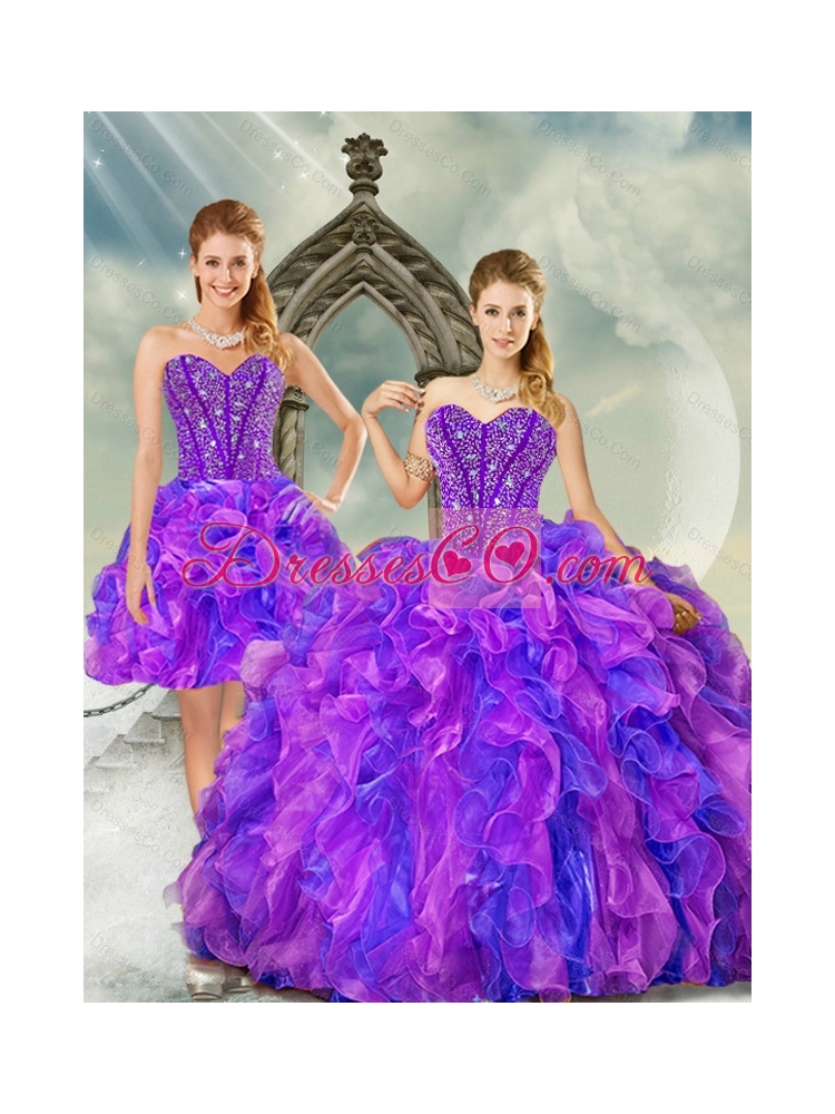 Detachable and Unique Blue and Lavender Dress Quince with Beading and Ruffles