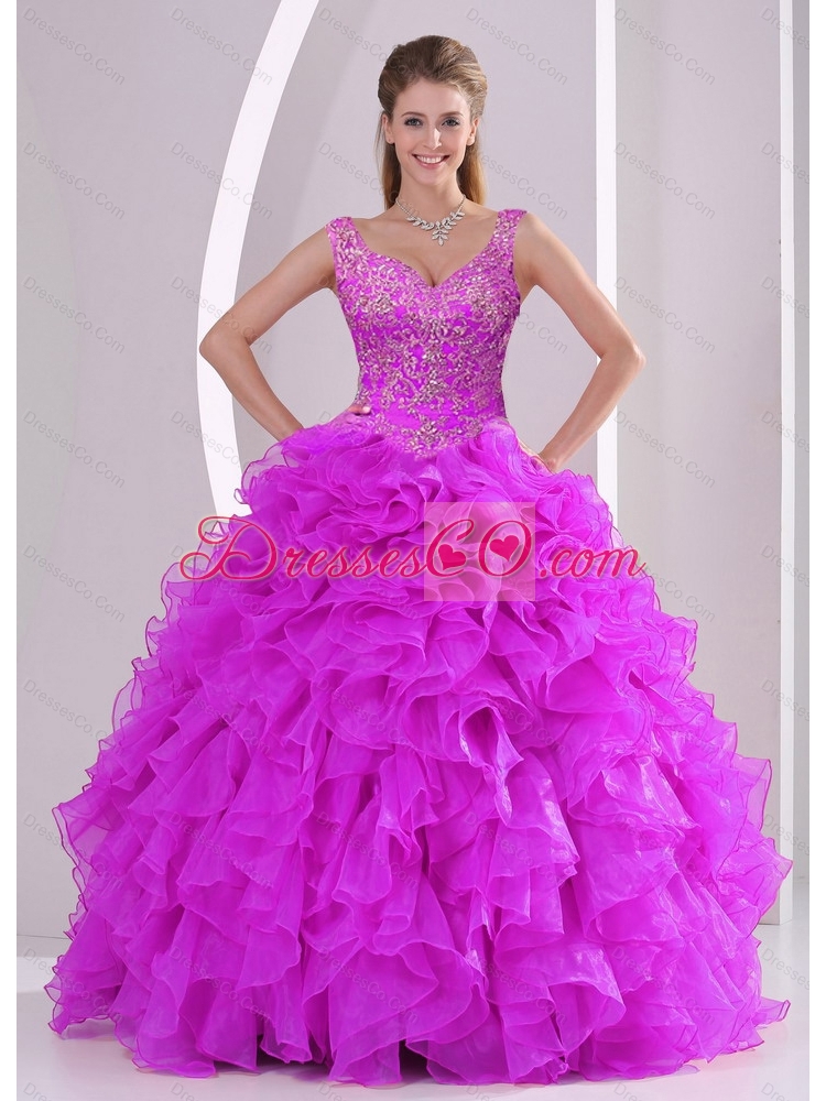 Latest Fuchsia Quince Dress with Beading and Ruffles